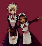  apron beluna black_hair blonde_hair dark_skin elena_(the_voynich_hotel) haruhito_(divineshalt) maid maid_headdress multiple_girls open_mouth outstretched_arms red_background red_eyes short_hair smile spread_arms the_voynich_hotel 