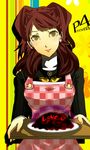  apron bad_id bad_pixiv_id breasts brown_eyes brown_hair earrings food head_tilt highres jewelry kujikawa_rise long_hair looking_at_viewer medium_breasts persona persona_4 school_uniform solo tray twintails yuzucchi 