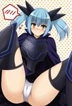  ankle_boots armor black_legwear blush boots cape cardfight!!_vanguard darkness_maiden_macha emoticon gloves green_hair hair_ornament looking_at_viewer miniskirt panties pantyshot shadow_paladin skirt thighhighs twintails underwear yellow_eyes 