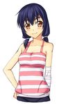  bandaged_arm bandages black_hair blush breasts cleavage collarbone hand_on_hip kanbaru_suruga low_twintails medium_breasts monogatari_(series) no_legs orange_eyes short_hair smile solo striped striped_tank_top tank_top twintails uemukai_dai white_background 