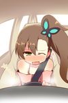  bare_shoulders blush brown_hair butterfly_hair_ornament car chousoku_henkei_gyrozetter driving green_eyes ground_vehicle hair_ornament highres inaba_rinne long_hair motor_vehicle nanateru one_eye_closed open_mouth peeing peeing_self seatbelt sexually_suggestive side_ponytail solo tears 