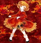  aki_shizuha blonde_hair dress english full_body hair_ornament iris_anemone leaf leaf_hair_ornament leaf_on_head long_sleeves looking_at_viewer open_mouth red_dress shoes short_hair skirt_hold socks solo standing touhou yellow_eyes 