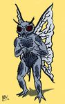  ambiguous_gender antennae arthropod cryptid cryptozoology fuzzy grey_skin hair humanoid insect insectoid jared_weiss mandibles monster moth mothman not_furry plain_background red_eyes signature solo standing wings yellow_background 