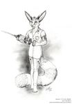  anthro cacomistle chester_ringtail_magreer clothed clothing eosfoxx front greyscale looking_at_viewer male mammal monochrome needle nurse pose solo standing syringe terrie_smith 