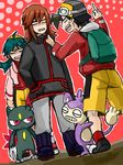  2boys aipom angry backpack bag bike_shorts crystal_(pokemon) gen_2_pokemon goggles goggles_on_head gold_(pokemon) multiple_boys pino1213 pokemon pokemon_(creature) pokemon_special shorts silver_(pokemon) sneasel 