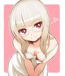  areola_slip areolae bad_id bad_pixiv_id bangs bare_shoulders blonde_hair blunt_bangs breasts cleavage downblouse dress glasses head_tilt heart jitsudan leaning_forward long_hair looking_at_viewer medium_breasts mole mole_on_breast mole_on_neck mole_under_eye mole_under_mouth nipple_slip nipples no_bra original pink_background pink_eyes simple_background smile solo sundress v_arms 