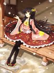  absurdres black_hair black_legwear blush clog_sandals flower fuku_arashi hair_flower hair_ornament highres houraisan_kaguya long_hair long_sleeves open_mouth pantyhose skirt smile snow solo touhou very_long_hair 