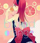  backless_dress backless_outfit bad_id bad_pixiv_id booota bow dress food fruit hairband large_bow long_hair looking_back nail_polish orange original polka_dot profile red_hair solo 