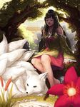  banajune bare_shoulders barefoot black_hair black_sclera closed_eyes detached_sleeves flower fox grass hat highres long_hair looking_at_viewer multiple_tails nature original outdoors pointy_ears pond sitting smile tail tree water 