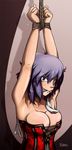  armpits arms_up bare_shoulders bdsm blue_eyes blush bondage bound breasts cleavage cleave_gag cloth_gag corset gag gagged highres improvised_gag kidetic large_breasts looking_at_viewer mili_(kidetic) original purple_hair rope short_hair solo 