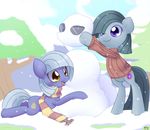  blinkie_pie_(mlp) brown_eyes clothing cutie_mark duo equine female feral friendship_is_magic grey_hair hair horse inkie_pie_(mlp) mammal my_little_pony outside pony purple_eyes rock scarf snow snowing snowman solar-slash sweater tree white_hair 