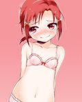  arms_behind_back bad_id bad_pixiv_id belly blush bra collarbone embarrassed hair_ornament hairclip hino_akane_(smile_precure!) jitsudan light_smile lingerie looking_away navel nose_blush pink_background pink_bra precure red_eyes red_hair short_hair simple_background smile_precure! solo sweat sweatdrop underwear underwear_only wavy_mouth younger 