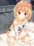  :o barefoot bed bed_sheet blonde_hair blush clothes_writing collarbone feet futaba_anzu idolmaster idolmaster_cinderella_girls long_hair looking_at_viewer off_shoulder shiina_yuuki shirt sitting solo sunlight t-shirt twintails v_arms wariza you_work_you_lose 