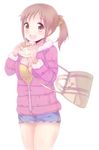  :d blush bread breasts brown_eyes brown_hair cleavage food idolmaster idolmaster_cinderella_girls jacket medium_breasts niizuka_(c-drop) open_mouth parka shorts smile solo totoki_airi 