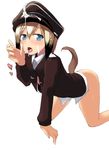  all_fours ass atahuta bare_legs blonde_hair blue_eyes blush cum cum_on_clothes erica_hartmann facial hat heart highres licking looking_at_viewer military military_uniform no_pants peaked_cap petite short_hair solo strike_witches suggestive_fluid tail tongue tongue_out unbuttoned uniform world_witches_series 