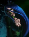  &lt;3 blue_hair breasts cat_eyes clothing dclzexon dress eyeshadow female friendship_is_magic green_eyes hair human humanized lipstick long_hair looking_at_viewer makeup mammal my_little_pony queen_chrysalis_(mlp) ripped_clothes slit_pupils solo torn_clothing 