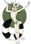  4_fingers 4_toes anthro cacomistle chain chained chest_tuft chester_ringtail_magreer circle claws fur long_tail looking_at_viewer male mammal necklace pink_nose plain_background pose ringed_tail solo spots standing terrie_smith toe_claws topless tuft underwear white_background 