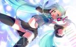  :d aqua_eyes aqua_hair bad_id bad_pixiv_id bare_shoulders black_legwear detached_sleeves hand_on_headphones hatsune_miku headset ivioss long_hair midriff necktie open_mouth outstretched_arm panties pantyshot skirt smile solo striped striped_panties thighhighs twintails underwear very_long_hair vocaloid 