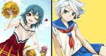  aqua_hair bad_id bad_pixiv_id blue_eyes blue_hair blush brown_eyes cheerleader crossdressing heart inazuma_eleven inazuma_eleven_(series) inazuma_eleven_go kariya_masaki kirino_ranmaru kyou_(nodobotokemax) male_focus multiple_boys one_eye_closed open_mouth pink_hair pleated_skirt pom_poms school_uniform serafuku skirt suzuno_fuusuke twintails white_hair 