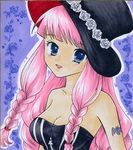  1girl bare_shoulders bat_(symbol) blue_eyes braid braids breasts cleavage female flower hat lipstick long_hair lowres makeup one_piece perona pina pink_hair rose sabaody_archipelago solo tattoo top_hat 