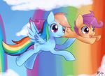  cloud cub cutie_mark equine female feral flying friendship_is_magic horse mammal my_little_pony outside pegasus pony purple_eyes rainbow rainbow_dash_(mlp) scootaloo_(mlp) sky solar-slash wings young 