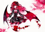  bat bat_wings black_dress blood bow bowtie colored_eyelashes corset dress frills hair_bow long_hair miri_(tobira_no_mukou) no_nose original red_eyes red_hair red_legwear short_dress thighhighs traditional_media watercolor_(medium) wings zettai_ryouiki 