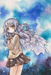  angel_beats! brown_eyes colored_pencil_(medium) long_hair looking_back millipen_(medium) moyo_(k1rakira) school_uniform silver_hair solo tenshi_(angel_beats!) traditional_media watercolor_(medium) wings 