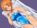  adjusting_clothes adjusting_swimsuit azu_(azzz) blush breasts brown_eyes competition_swimsuit covered_nipples dutch_angle medium_breasts one-piece_swimsuit orange_hair original short_hair shower_curtain solo swimsuit 