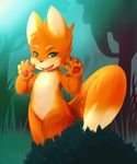  canine cub forest fox grass green_eyes looking_at_viewer male nude orange_fur outside rudragon solo tree young 