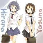  bag black_neckwear blue_hair blush brown_hair character_name crossover hirona_ex kill_me_baby multiple_girls nakamura_hirona necktie oribe_yasuna pleated_skirt school_bag school_uniform short_hair skirt smile standing yudepii 