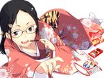  :d black_eyes black_hair collarbone food glasses hair_ornament hairclip holding japanese_clothes kimono long_hair lying open_mouth original pirlo pocky smile solo tabi white_background 