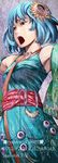  abe_yoshitoshi bare_shoulders blue_eyes blue_hair breasts flower hair_flower hair_ornament medium_breasts open_mouth original short_hair solo 
