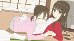  black_hair blush book bottle brown_eyes cat closed_eyes collarbone controller holding_hands kotatsu long_hair looking_at_viewer lying multiple_girls open_book original remote_control shimano_natsume sketch smile table television twintails 