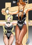 animal_ears bdsm blonde_hair blue_eyes bondage bound bow bowtie breasts brown_eyes brown_hair bunny_ears bunny_tail bunnysuit cleavage coquelicot crucifixion detached_collar freckles highres iio_tetsuaki iris_chateaubriand large_breasts long_hair multiple_girls older pantyhose rope sakura_taisen sakura_taisen_iii tail tears wrist_cuffs 