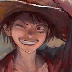  1boy grin hand_on_hat hand_on_headwear hat iridori male male_focus monkey_d_luffy one_piece open_clothes open_shirt pixiv_thumbnail red_shirt scar shirt smile solo straw_hat teeth wink 