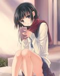  bad_id bad_pixiv_id bangs black_eyes black_hair book eyebrows_visible_through_hair grass highres holding holding_book katsuki_ichiru long_hair long_sleeves looking_at_viewer original panties pantyshot pantyshot_(sitting) red_scarf scarf school_uniform serafuku sitting sitting_on_stairs skirt solo stairs sunlight underwear white_panties 