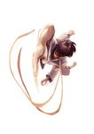  barefoot black_hair choker chop dougi from_above highres kobus_faber makoto_(street_fighter) motion_blur perspective ribbon_choker short_hair solo street_fighter street_fighter_iii_(series) 