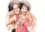  2boys brothers chikama chikama_(minka) finger_smile fingersmile freckles male male_focus monkey_d_luffy multiple_boys one_piece portgas_d_ace scar siblings smile traditional_media vest watercolor watercolor_(medium) 