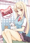  artist_name black_cat blonde_hair cat character_name copyright_name jun_(ipup) legs long_hair looking_at_viewer necktie red_eyes sakura-sou_no_pet_na_kanojo school_uniform shiina_mashiro sitting smile solo white_cat 