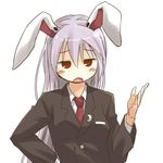  animal_ears bunny_ears hand_on_hip long_hair necktie no_nose open_mouth purple_hair red_eyes red_neckwear reisen_udongein_inaba simple_background solo touhou very_long_hair white_background yudepii 