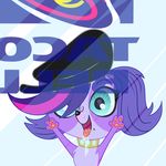  blue_eyes canine collar cute dog drooling female feral fur hair hat littlest_pet_shop mammal mole_(marking) paws pink pink_hair purple purple_fur saliva taco_bell tongue window zoe_trent 