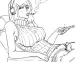  bare_shoulders bb_(baalbuddy) breasts cigar controller greyscale headphones large_breasts long_hair looking_at_viewer megurine_luka monochrome open_fly raised_eyebrow reclining remote_control ribbed_sweater sketch sleeveless sleeveless_turtleneck smoking solo sweater turtleneck unzipped vocaloid 