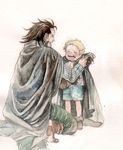  2boys black_hair blonde_hair boots chikama chikama_(minka) child cloak male male_focus missing_tooth monkey_d_dragon multiple_boys one_piece sabo_(one_piece) traditional_media watercolor watercolor_(medium) young younger 