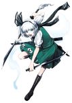  black_hairband bow dual_wielding flower full_body green_eyes hair_ribbon hairband highres hitodama holding katana konpaku_youmu konpaku_youmu_(ghost) mazeran open_mouth reverse_grip ribbon sheath short_hair silver_hair skirt solo sword touhou transparent_background weapon 