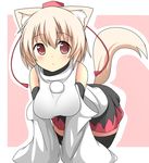  :&lt; all_fours animal_ears bare_shoulders bent_over black_legwear blonde_hair breasts brown_hair detached_sleeves hat highres inubashiri_momiji large_breasts mii_(makosuke) pink_background red_eyes simple_background solo tail thighhighs tokin_hat touhou wolf_ears wolf_tail 