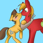  big_macintosh_(mlp) blue_background blush caramel_(mlp) cleppyclep cutie_mark draft_horse duo equine eyes_closed feral freckles friendship_is_magic fur gay green_eyes harness horse kissing male mammal my_little_pony orange_fur plain_background pony red_fur surprise yoke 