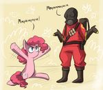  clothed clothing cutie_mark dialog duo english_text equine female feral friendship_is_magic hair horse keterok mammal my_little_pony pink_hair pinkie_pie_(mlp) pony pyro_(team_fortess_2) pyro_(team_fortress_2) team_fortress_2 text 