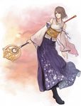  1girl blue_eyes brown_hair final_fantasy final_fantasy_x green_eyes heterochromia japanese_clothes kimono short_hair staff yuna 