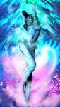  abstract abstract_background beads blue_skin bodysuit glowing glowing_eyes helmet highres nyarko persona persona_2 solo venus_(persona_2) 
