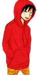  1boy alternate_clothes alternate_costume hood hoodie lowres male male_focus monkey_d_luffy one_piece red_sweatshirt scar solo 